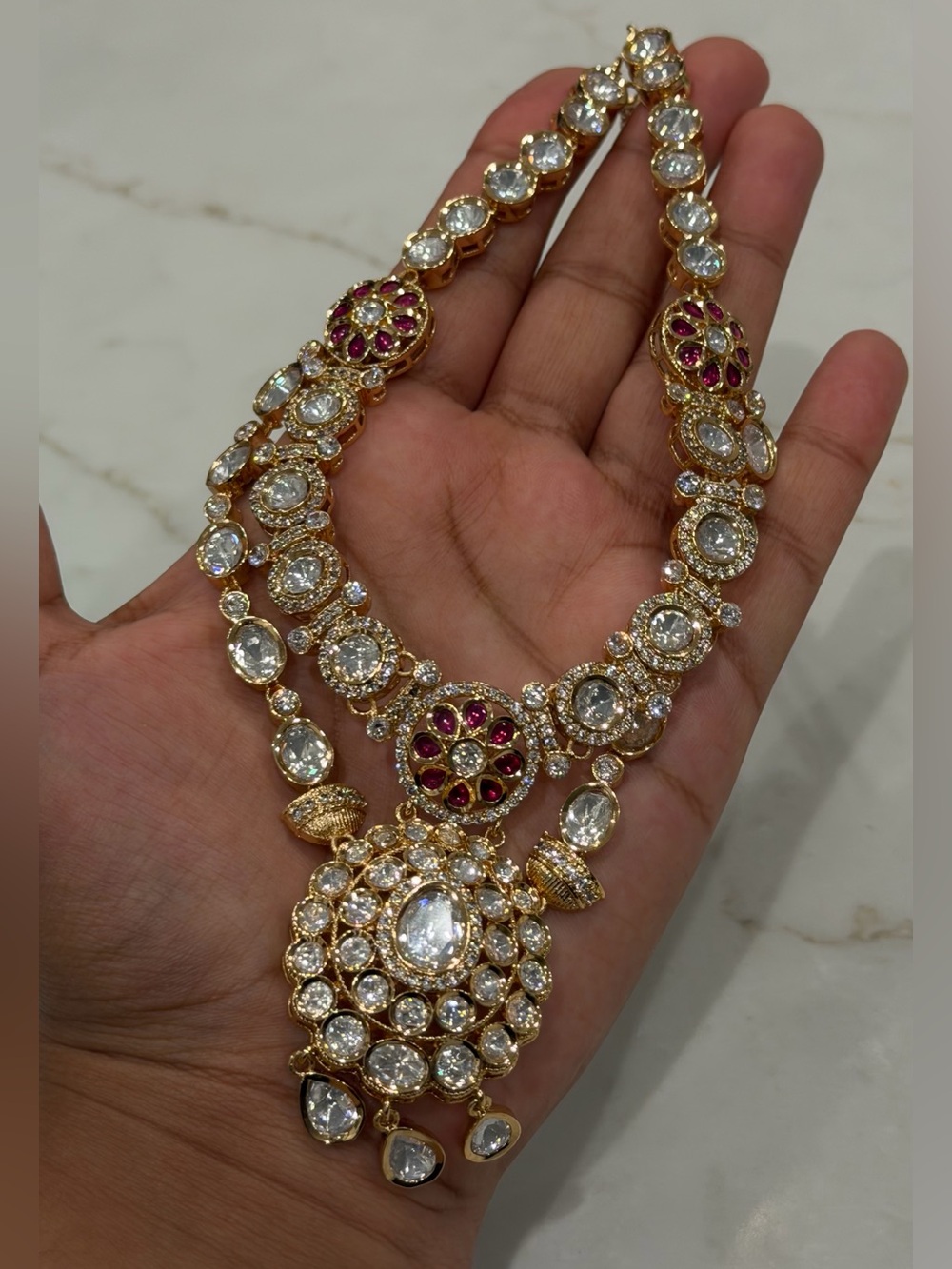 Luxury AD Kundan Necklace Set Hot Pink Bridal Jewelry with Tikka